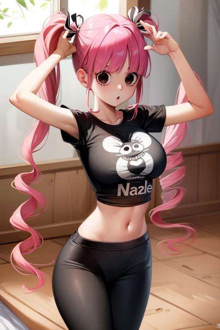 masterpiece, best quality, absurdres, perfect antomy, Perona, circle-shaped eyes, black eyes, twintails, twin drills, 1girl, solo, cowboy shot, indoors, yoga pants, t-shirt