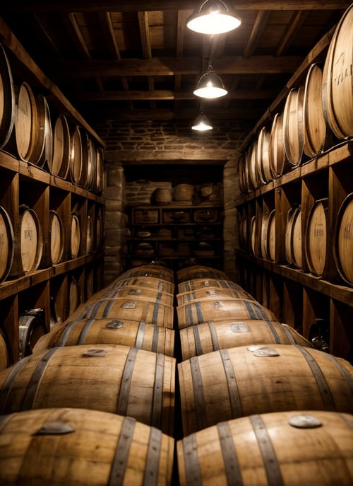 HDR, 8K resolution, intricate detail, sophisticated detail, photorealistic, sharp focus, wide shot of village tavern cellar, barrels of ale and wine, dimly lit corners, secret gatherings, <lora:add_detail:0.85>,