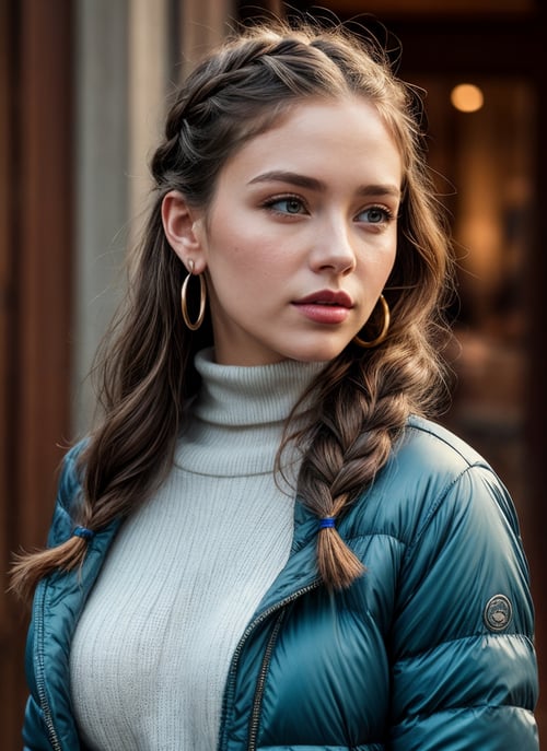HDR, 8K resolution, intricate detail, sophisticated detail, depth of field, photorealistic, sharp focus, The Shape of Water, Turtleneck sweater with a puffer jacket and snow pants, Female Viking, Average Height, Firm, Heart-Shaped Face, Fair Skin, Light Brown Hair, teal Eyes, Wide Nose, Full Lips, Prominent Chin, Long Hair, Coarse Hair, Side French Braid, firm breasts, Hoop earrings, mauve satin lipstick, Repetition, Ripples, Pattern, kicker light, key light <lora:add_detail:0.85>,