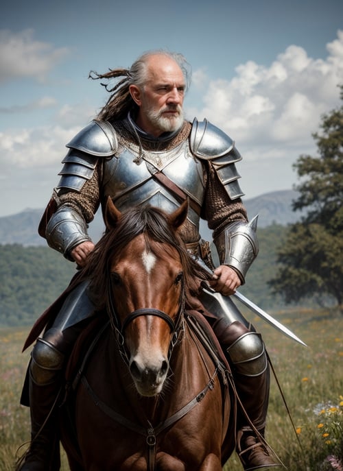 HDR, 8K resolution, intricate detail, sophisticated detail, depth of field, photorealistic, sharp focus, 1man, old man, wrinkles, skin wrinkles texture, middle earth, Knight Charging into battle on horseback, wielding a lance and clad in heavy armor, Champion, Tall, In Shape, Oval Face, Dark Skin, Chestnut Hair, Blue Eyes with Green Flecks, Short Nose, Thick Lips, Round Chin, Old Dutch, Bald, Dreadlocks, An enchanted meadow, with colorful flowers and magical creatures roaming free, Tolkien, <lora:add_detail:0.85>,