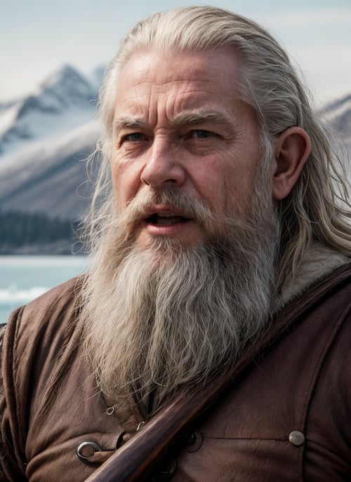 HDR, 8K resolution, intricate detail, sophisticated detail, depth of field, photorealistic, sharp focus, 1man, old man, wrinkles, skin wrinkles texture, middle earth, Barbarian, Savant, Average Height, Muscular, Square Face, Tan Skin, Platinum Blonde Hair, purple Eyes, Wide Nose, Thick Lips, Sharp Chin, Full Beard, A frozen tundra, with icy peaks and frozen lakes stretching as far as the eye can see, Tolkien, <lora:add_detail:0.85>,