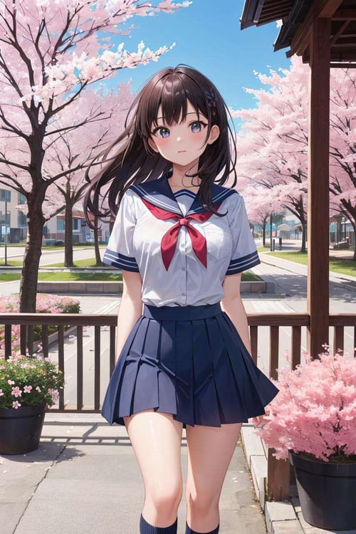masterpiece, best quality, high resolution, extremely detailed, detailed background, cinematic lighting, 1girl, cute, medium breasts, school uniform, skirtlift, public indecency, looking at viewer, buildings, outdoor, cherry blossoms, bokeh,