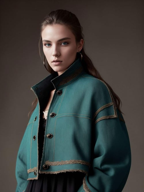 An award-winning closeup photo of a female model wearing a baggy teal distressed medieval cloth womenswear jacket by alexander mcqueen, 4 k, studio lighting, wide angle lens