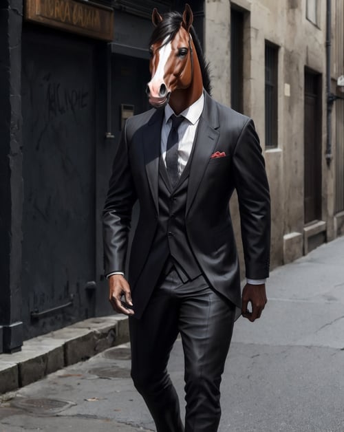 anthro, horse, three-quarter portrait, male, adult, muscular, suit, standing, (realistic fur, fur, realistic fur texture:1), detailed background, street background, photorealistic, hyper realistic, ultra detailed,