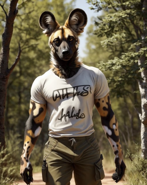 anthro, african wild dog, male, adult, muscular, pants, t-shirt, (realistic fur, fur, realistic fur texture:1), detailed background, wilderness background, photorealistic, hyper realistic, ultra detailed,