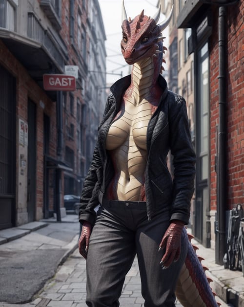 anthro, dragon, solo, female, adult, (open jacket, pants:1.2), (realistic scales, detailed scales texture:1), detailed background, street background, photorealistic, hyper realistic, ultra detailed,