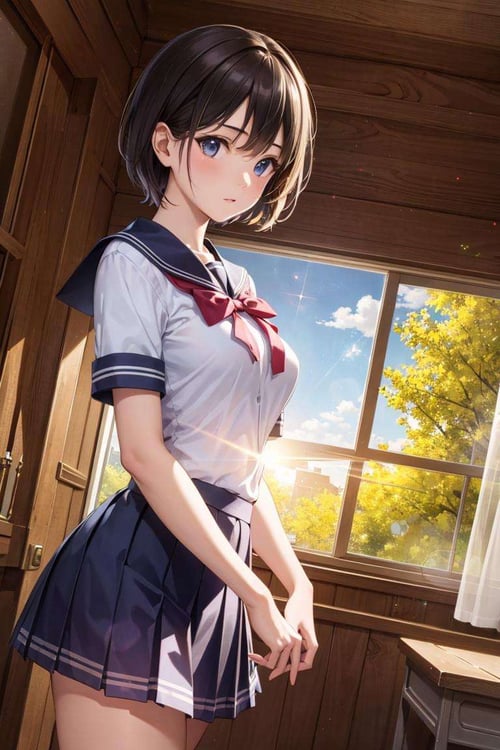 masterpiece, best quality, high resolution, extremely detailed, detailed background, cinematic lighting, dynamic angle, lens flare, glitter, 1girl, short hair, medium breasts, school uniform, indoor, realistic, photorealistic