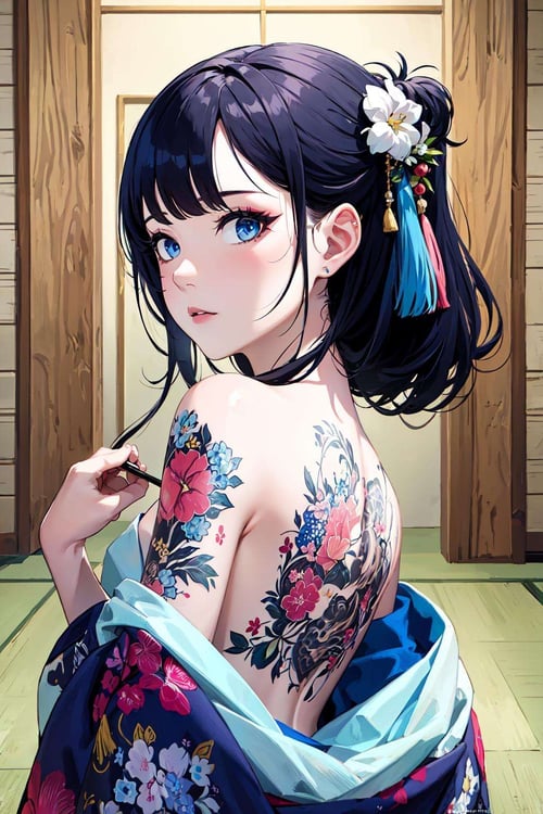 (masterpiece, top quality, best quality, official art, beautiful and aesthetic:1.2),1girl, tattoo, solo, japanese clothes,  hair ornament, unsheathing, black hair, sheath, back tattoo, blue eyes,  off shoulder, bare shoulders, looking back, from behind, flower, looking at viewer,  holding, makeup, indoor,