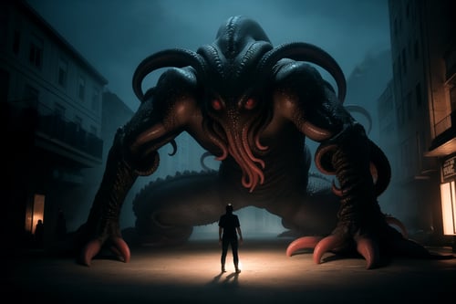centered, hyperealistic shadows, photography, | (Cthulhu), giant creature, night, vore, horror, hyperealistic painting, | realistic shadows, massive creature, | hyperealism, photography,