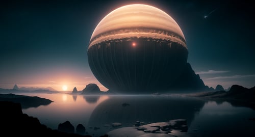 alien-landscape, colossal-structures, chilling-atmosphere, exoplanet-weather, awe-inspiring-vistas, hyper-realistic-textures, breathtaking-lighting, award-winning-capture, Canon-EOS-R5, serene, gas-giant-rising, floating-spires, vibrant-colors, ethereal-sky