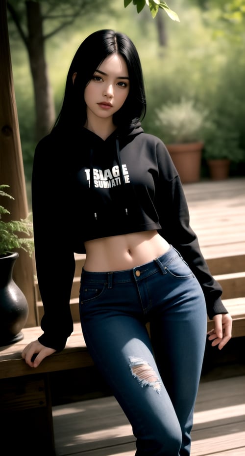 centered, award winning cowboy shot portrait, (detailed face), focused face, | woman, solo, long black hair, looking at viewer, | black hoodie, midriff peak, lowleg jeans, barefoot, feet, (realistic clothes), | bokeh, depth of field, | hyperealistic shadows, smooth detailed clothes, realistic outfit, |
