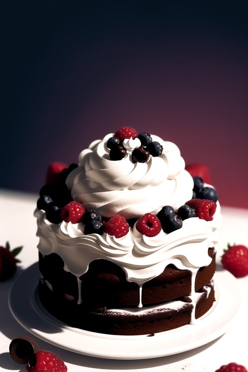 centered, a delicious chocolate cake with fresh berries and whipped cream, simple background, | depth of field, bokeh, | smooth detailed shadows, hyperealistic shadows, (saturated colors:1.2) | (hyperealistic, realism, analog:1.1),