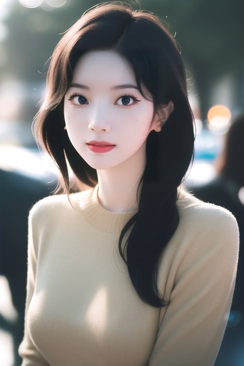 centered, award winning face portrait, (detailed face), hyperealistic shadows, (looking at viewer), | woman, dahyun, | blurred background, bokeh, depth of field, | city, urban, outdoors, city scenery, 