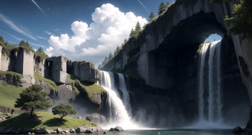 centered, masterpiece, hyperealistic shadows, (realistic:1.1), | perfect detailed enviroment, | a cave that has waterfalls and trees and beautiful galaxies sky birds flying above the clouds there is no one there only trees waterfalls and clouds, | realism, analog,