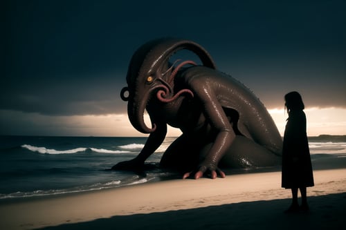 centered, hyperealistic shadows, photography, | (Cthulhu), giant creature, night, beach, horror, hyperealistic painting, | realistic shadows, massive creature, | analog, photography,