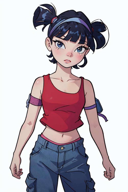 (Musa), (short twin tails, bangs, black hair, black eyes, asian), (casualoutfit), (red croptop, baggy cargo jeans, arm band), (white background, solid white background:1.2), (realistic:1.2), (masterpiece:1.2), (full-body-shot:1),(Cowboy-shot:1.2), neon lighting, dark romantic lighting, (highly detailed:1.2),(detailed face:1.2), (gradients), colorful, detailed eyes, (natural lighting:1.2), (neutral standing pose:1.2), (solo, one person, 1girl:1.5),<lora:WinxClubMusa-10:0.9> <lora:add_detail:0.15> <lora:hipoly3DModelLora_v10:0.05> <lora:RSERomantic_RSESofiko_RSEEmma-v1:0.1> <lora:BeautifulEyes:0.65>