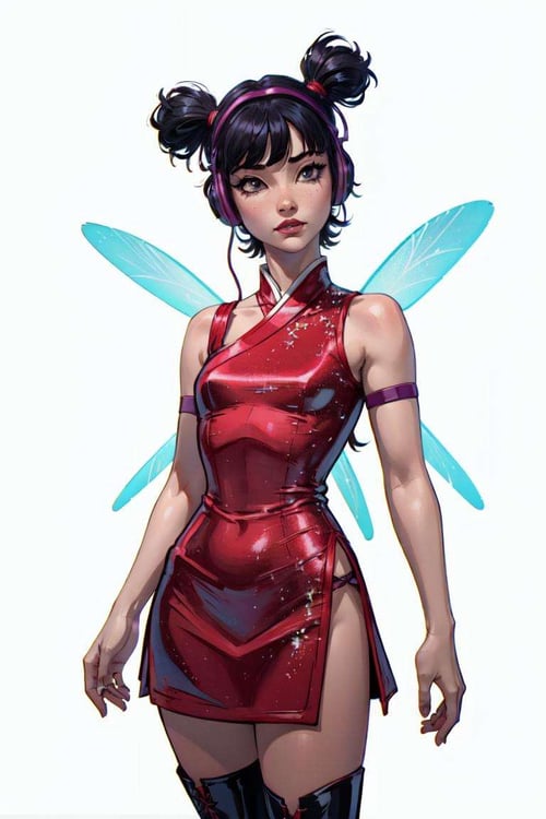 (Musa), (short twin tails, bangs, black hair, black eyes, asian), (fairyoutfit), (red dress, knee high boots, fairy wings, purple headphones, sparkling clothing), (white background, solid white background:1.2), (realistic:1.2), (masterpiece:1.2), (full-body-shot:1),(Cowboy-shot:1.2), neon lighting, dark romantic lighting, (highly detailed:1.2),(detailed face:1.2), (gradients), colorful, detailed eyes, (natural lighting:1.2), (neutral standing pose:1.2), (solo, one person, 1girl:1.5),<lora:WinxClubMusa-10:0.9> <lora:add_detail:0.15> <lora:hipoly3DModelLora_v10:0.05> <lora:RSERomantic_RSESofiko_RSEEmma-v1:0.1> <lora:BeautifulEyes:0.65>
