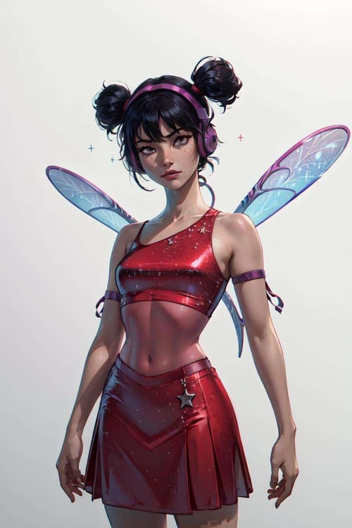 (Musa), (short twin tails, bangs, black hair, black eyes), (fairyoutfit), (red dress, red skirt, simple fairy wings, purple headphones, sparkling clothing), (white background, solid white background:1.2), (realistic:1.2), (masterpiece:1.2), (full-body-shot:1),(Cowboy-shot:1.2), neon lighting, dark romantic lighting, (highly detailed:1.2),(detailed face:1.2), (gradients), colorful, detailed eyes, (natural lighting:1.2), (neutral standing pose:1.2), (solo, one person, 1girl:1.5),<lora:WinxClubMusa-10:0.9> <lora:add_detail:0.15> <lora:hipoly3DModelLora_v10:0.05> <lora:RSERomantic_RSESofiko_RSEEmma-v1:0.1> <lora:BeautifulEyes:0.65>