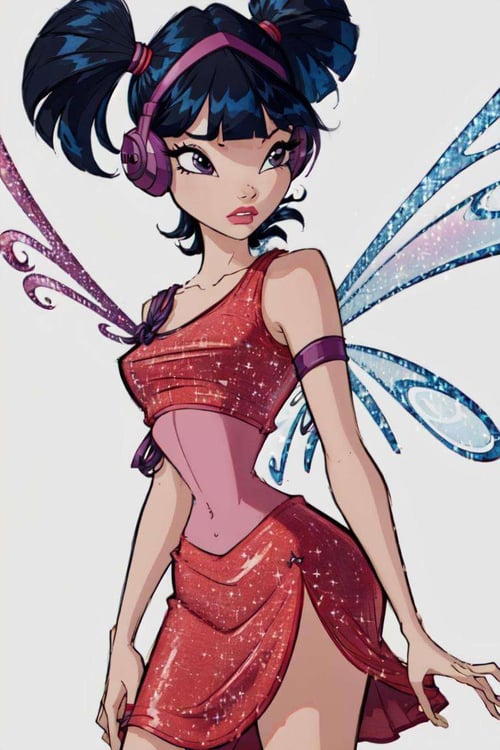 (Musa), (short twin tails, bangs, black hair, black eyes), (fairyoutfit), (red dress, red skirt, fairy wings, purple headphones, sparkling clothing), (white background, solid white background:1.2), (realistic:1.2), (masterpiece:1.2), (full-body-shot:1),(Cowboy-shot:1.2), neon lighting, dark romantic lighting, (highly detailed:1.2),(detailed face:1.2), (gradients), colorful, detailed eyes, (natural lighting:1.2), (neutral standing pose:1.2), (solo, one person, 1girl:1.5),<lora:WinxClubMusa-10:0.9> <lora:add_detail:0.15> <lora:hipoly3DModelLora_v10:0.05> <lora:RSERomantic_RSESofiko_RSEEmma-v1:0.1> <lora:BeautifulEyes:0.65> <lora:WinxComiss_Style-15:0.6>