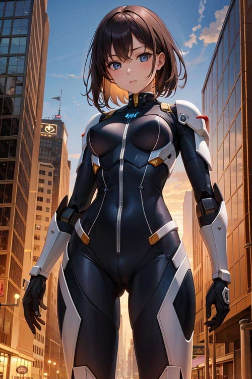 (masterpiece), best quality, high resolution, extremely detailed, detailed background, cinematic lighting, outdoor, 1girl, medium hair, medium breasts, mecha, bodysuit,