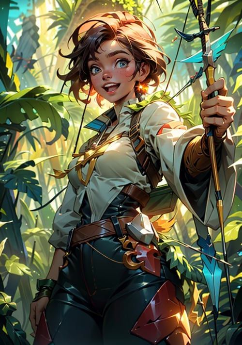 Adventurer archer holding a bow hunting in the forest, 1girl, (forest, animals), (arrow, bow, concentrating), looking away, evil smile, :D, from below, (magic), leafs, wild, wind,(detailed landscape:1.2), (dynamic_angle:1.2), (dynamic_pose:1.2), solo, wide shot, (masterpiece:1.2), (best quality, highest quality), (ultra detailed), (8k, 4k, intricate),(full-body-shot:1), (Cowboy-shot:1.2), (50mm), (highly detailed:1.2),(detailed face:1.2), detailed_eyes,(gradients),(ambient light:1.3),(cinematic composition:1.2),(HDR:1),Accent Lighting,extremely detailed,original, highres,(perfect_anatomy:1.2), <lora:more_details:0.3> <lora:3DMM_V11:0.1> <lora:nijipretty_20230624235607:0.3>