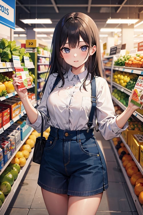 (masterpiece), best quality, high resolution, highly detailed, detailed background, perfect lighting, 1girl, grocery store