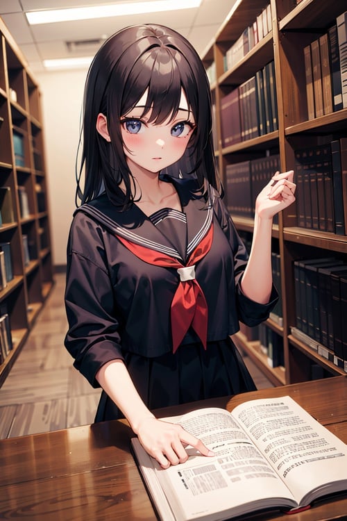 (masterpiece), best quality, high resolution, highly detailed, detailed background, perfect lighting, 1girl, serafuku, library 