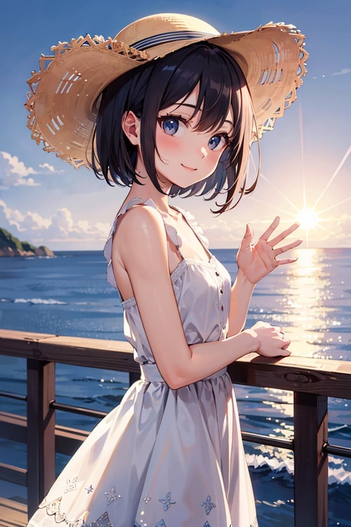 (masterpiece), best quality, high resolution, highly detailed, detailed background, perfect lighting, 1girl, petite, looking at viewer, ocean, railing, white dress, sun hat, smile, waving,