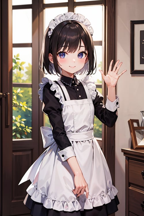 (masterpiece), best quality, high resolution, highly detailed, detailed background, perfect lighting, indoor, 1girl, petite, looking at viewer, petite, maid uniform, adorable smile