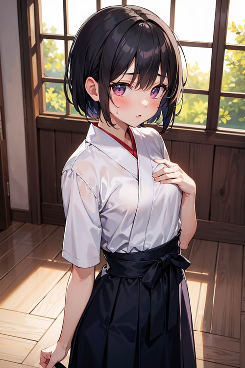 (masterpiece), best quality, high resolution, highly detailed, detailed background, perfect lighting, 1girl, cute, small breasts, black hair, short hair, hakama, dojo, wooden floor, sweatdrop, blush,