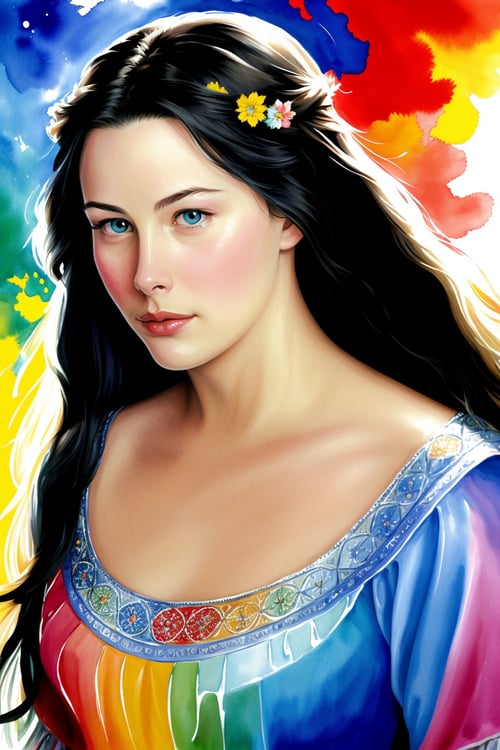 flat color,colorful,masterpiece, best quality, original, extremely detailed wallpaper, closeup, arwen, looking at viewer, 1girl, solo,floating hair, colorful water painting  <lora:Arwen:0.9>