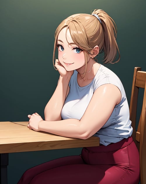 masterpiece, best quality, mature female, sitting at table, thick arms, elbow rest, smile, ponytail, <lora:plump-strong:1>