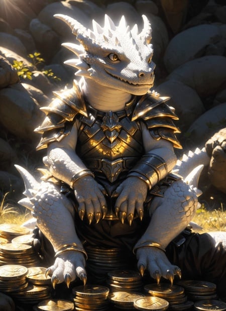 white dragonborn, solo, child, male, sitting, closed mouth, male focus, horns, armor, blurry, sunlight, shoulder armor, claws, coin, gold, ((masterpiece, best quality)), art by greg rutkowski  <lora:dragonborn_offset:1>