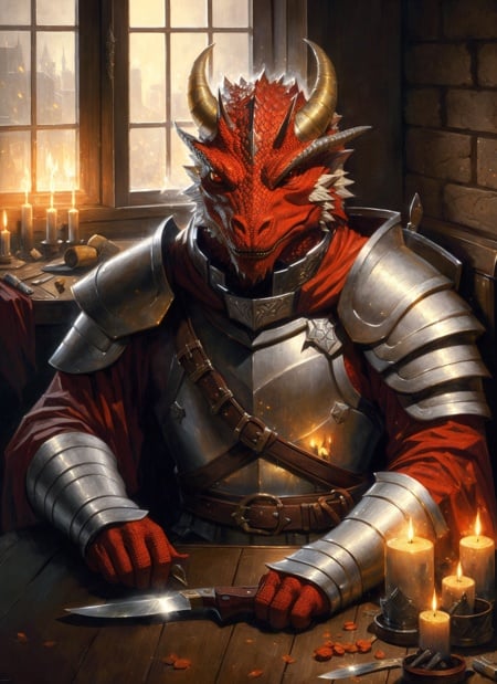 red dragonborn, solo, male, holding, sitting, weapon, male focus, horns, artist name, indoors, armor, window, colored skin, chair, table, fire, knife, shoulder armor, breastplate, candle, ((masterpiece, best quality)), art by greg rutkowski  <lora:dragonborn_offset:1>
