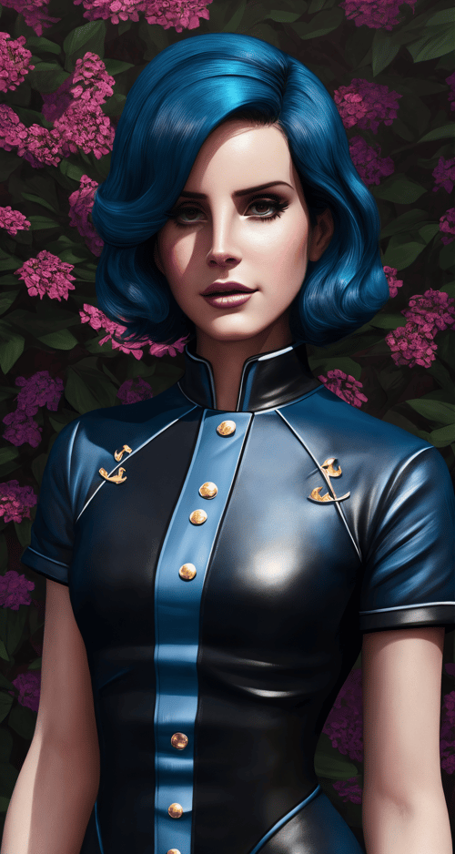 lana del rey, solo, blue hair, dark brown eyes, chef,  middle shot, realistic,3D VR painting, masterpiece, professional, high quality, beautiful, amazing, gothic, ConceptArtWorld, plugsuit, very short hair, masterpiece, highres,  4k, detailed background, flowery, (striped:0.8),