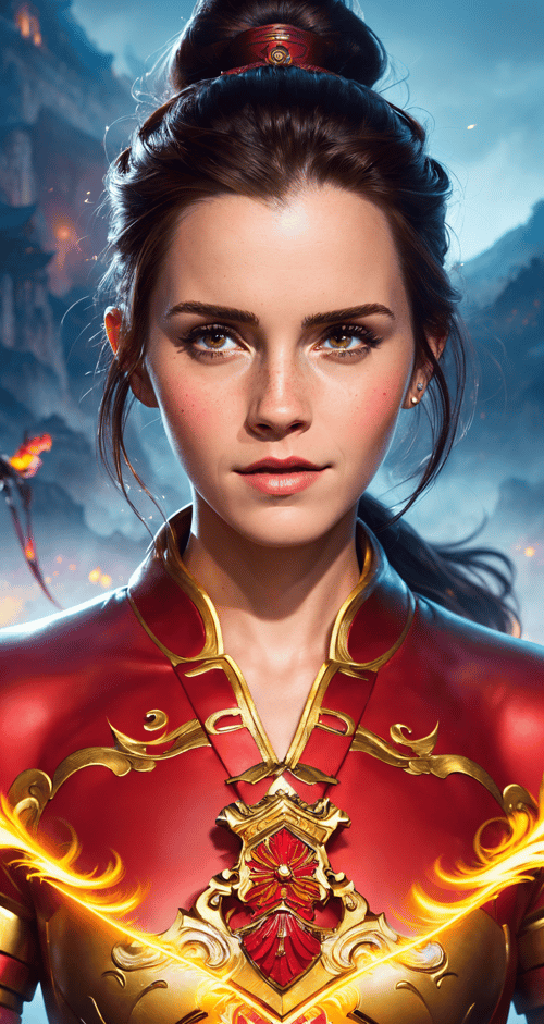 A stunning digital painting of (emma watson :1.2),solo, (middle shot:1.4), realistic, masterpiece, best quality, high detailed, (As Mulan, dressed in her red and yellow warrior armor, standing on the Great Wall of China alongside Mushu and her fellow soldiers, breathtaking landscape, dynamic action, vivid colors, evocative of the captivating art style, high-resolution, capturing the heroism and bravery of the beloved film.:1.3),(in the style of Adam Hughes:1.1),epic fantasy character art, concept art, fantasy art,  fantasy art, vibrant high contrast,trending on ArtStation, dramatic lighting, ambient occlusion, volumetric lighting, emotional, Deviant-art, hyper detailed illustration, 8k, gorgeous lighting, <lora:VampiricTech:0.35>,vamptech ,(full height portrait:1.8),(Sleek, high ponytail with a sharp center part that highlights the curve of the neck.:1.2),photoshoot