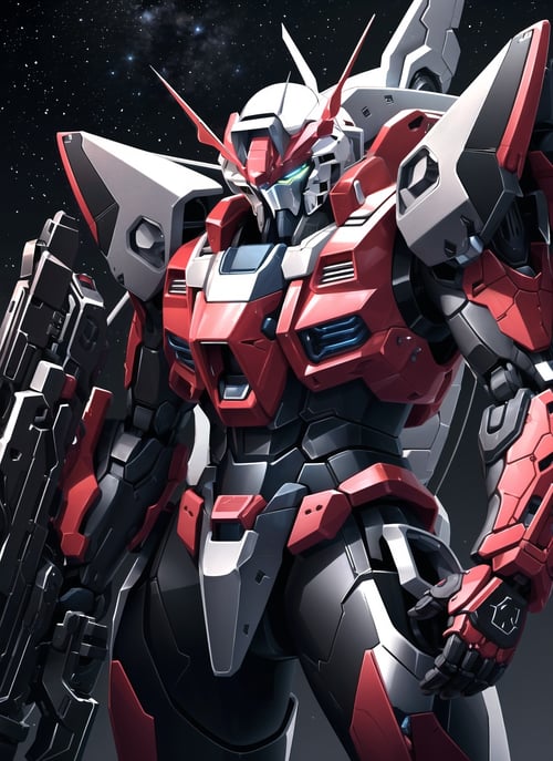 (red and black mecha), gundam, holding rifle, explosion, laser, robot, masterpiece,best quality,ultra-detailed,very detailed illustrations,extremely detailed,intricate details,highres,super complex details,extremely detailed,cowboy shot, caustics,reflection,ray tracing,demontheme,nebula,dark aura,cyber effect, action, ancient japanese architecture,pond, starry sky,skyline, <lora:mecha_offset:1> <lora:add_detail:0.2>