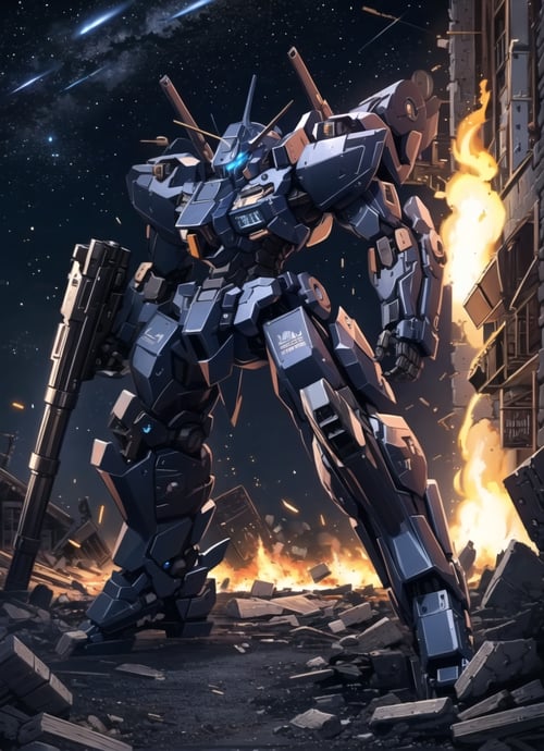 masterpiece, best quality, giant mecha, no humans, black armor, blue eyes, science fiction, fire, laser canon beam, war, conflict, destroyed building background, (night), dark, no light, starry sky, <lora:mecha_offset:1.5>