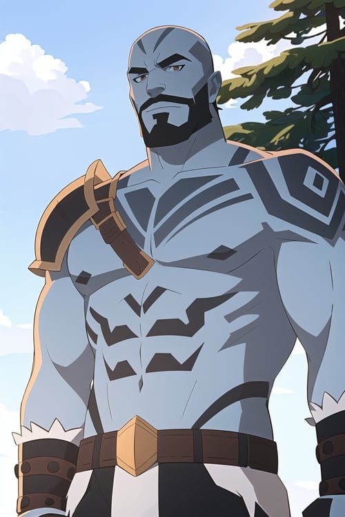 vox machina style, (very detailed background:1.5), outdoors, sky, cloud, trees,male focus, 1boy, colored skin, solo, tattoo, muscular, muscular male, pectorals, blue skin, armor, white background, belt, shoulder armor, bald, upper body, abs, topless male, cropped torso, orc, facial hair, navel, ((masterpiece))<lora:vox_machina_style2:1.07>