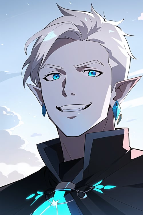 vox machina style, outdoors, medieval town,1boy, solo, male focus, blue skin, colored skin, pointy ears, white hair, grey hair, aqua hair, jewelry, earrings, black robes, mischievous smile, short hair, ((floating hair)), portrait, glowing hair,, ((masterpiece))<lora:vox_machina_style2:1.07>