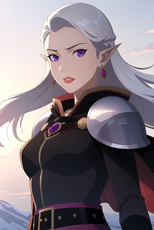 vox machina style, 1girl, black coat, silver details, hood, between breasts, white hair, purple eyes, breasts, black cape,circlet, earrings, elf, forehead jewel, gloves, jewelry, lips, long hair, long pointy ears, looking at viewer, medium breasts, multiple belts, portrait, pauldrons, pointy ears, sheath, shoulder armor, solo, strap between breasts, wind, outdoors, ((masterpiece))<lora:vox_machina_style2:1.1>