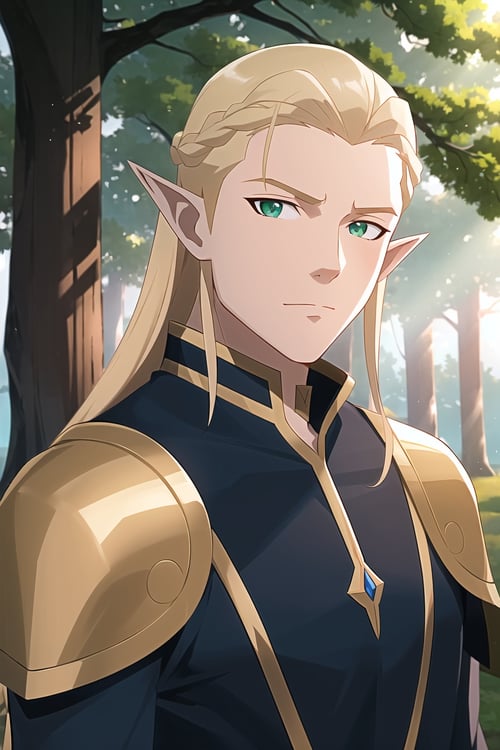 vox machina style, outdoors, woods, trees,solo, 1boy, male focus, blonde hair, long hair, green eyes, pointy ears, circlet, elf, upper body, looking at viewer, manly, tiara, closed mouth, blue robes, portrait, ((masterpiece))<lora:vox_machina_style2:1>