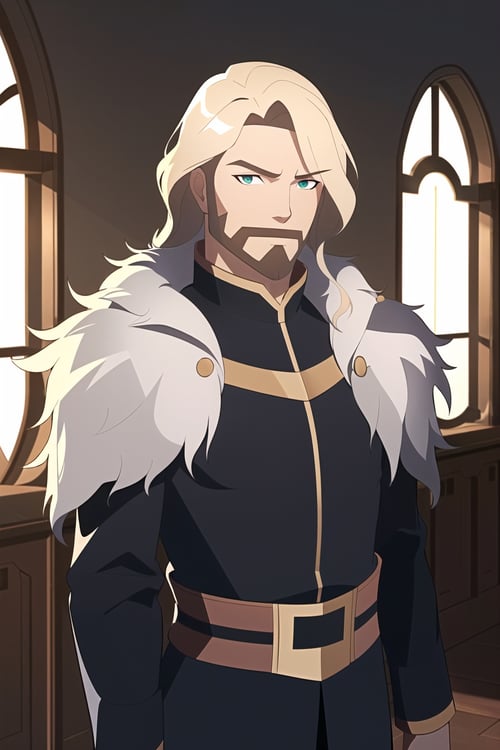 vox machina style, (very detailed background:1.5), indoors, castle, 1boy, armor, bangs, black armor, black coat, blonde hair, blue coat, green eyes, closed mouth, coat, cowboy shot, expressionless, fur-trimmed coat, fur trim, hair between eyes, looking at viewer, male focus, medium hair, dungeon master, solo, two-sided coat, blonde beard, long hair,, ((masterpiece))<lora:vox_machina_style2:1.07>