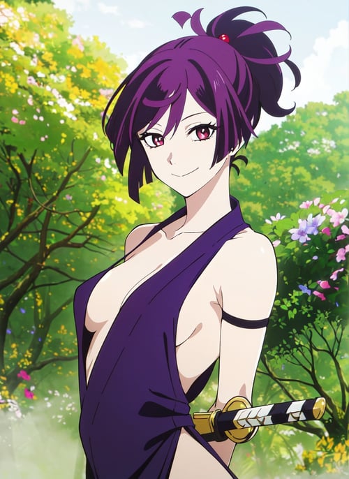 <lora:hellsparadise_style_offset:1> hellsparadise style, 1girl, solo, purple hair, breasts, sword, weapon, flower, medium breasts, red eyes, cleavage, arms behind back, smile, japanese clothes, katana, purple eyes, ((masterpiece))