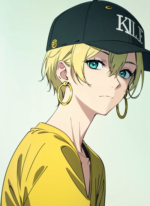 <lora:hellsparadise_style_offset:1> hellsparadise style, masterpiece, best quality, 1girl, aqua eyes, baseball cap, blonde hair, closed mouth, earrings, green background, hat, hoop earrings, jewelry, looking at viewer, shirt, short hair, simple background, solo, upper body, yellow shirt