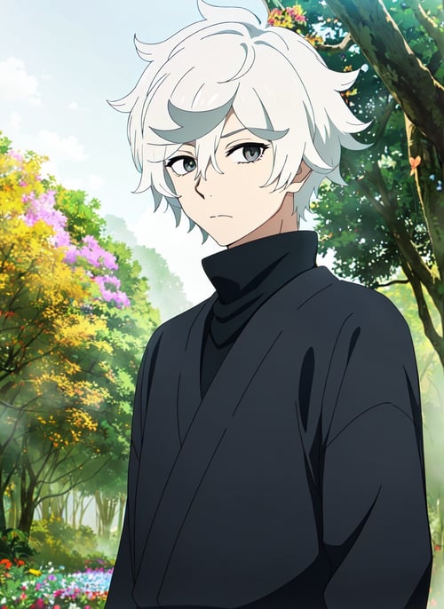 <lora:hellsparadise_style_offset:1> hellsparadise style, 1boy, male focus, solo, white hair, turtleneck, nature, flower, japanese clothes, grey eyes, upper body, forest, looking at viewer, outdoors, tree, hair between eyes, messy hair, ((masterpiece))