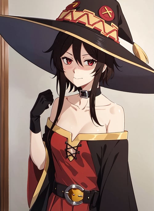 <lora:hellsparadise_style_offset:1> hellsparadise style, megumin, 1girl, bare shoulders, black cape, black gloves, black hair, blush, cape, choker, collarbone, dress, hair between eyes, hat, long sleeves, looking at viewer, medium hair, off-shoulder dress, off shoulder, red dress, red eyes, sidelocks, solo, witch hat, indoors, ((masterpiece))