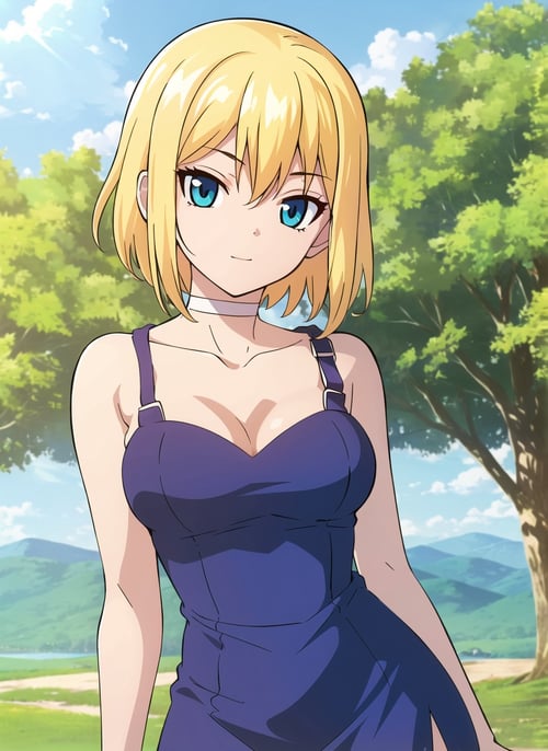 boichi anime style,  1girl, arm behind head, arm up, armpits, blonde hair, blue dress, blue eyes, breasts, choker, cleavage, contrapposto, dress, upper body, looking at viewer, medium breasts, solo, thighs, outdoors, white choker, ((masterpiece)) <lora:boichi_anime_style_offset:1>