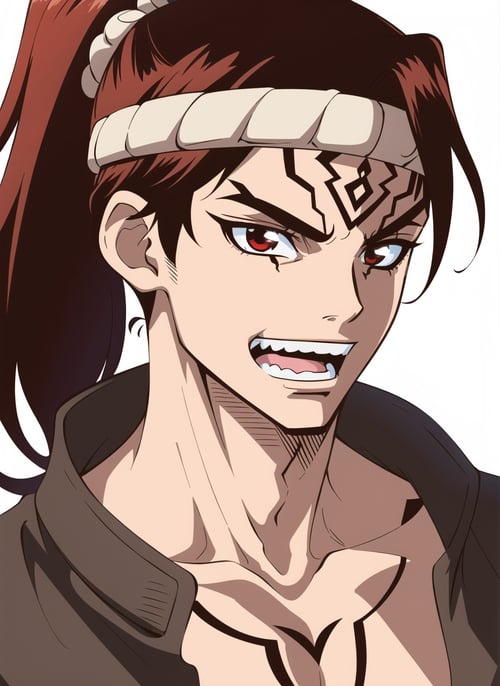 boichi anime style, 1boy, collarbone, facial tattoo, headband, high ponytail, long hair, looking at viewer, male focus, open mouth, red hair, sideburns, solo, tattoo, teeth, upper body, upper teeth only, white background,  ((masterpiece))  <lora:boichi_anime_style_offset:1>