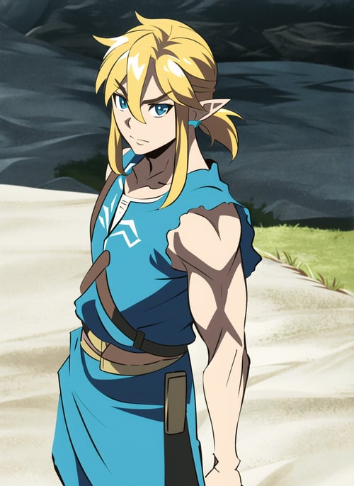 boichi anime style,  link, the legend of zelda, the legend of zelda: breath of the wild, 1boy, blonde hair, blue eyes, long hair, male focus, pointy ears, ponytail, solo,  ((masterpiece)) <lora:link_offset:1>   <lora:boichi_anime_style_offset:1>